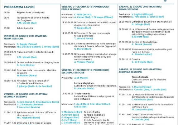 A BARI SI TERRÀ IL 21-22 GIUGNO IL CONVEGNO NAZIONALE SULLA MEDICINA DI GENERE.